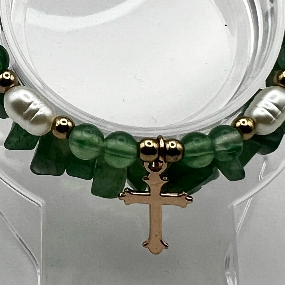 Green Aventurine Pearl Beaded stack Bracelet Set with Cross Charm Boho - Picture 6 of 6